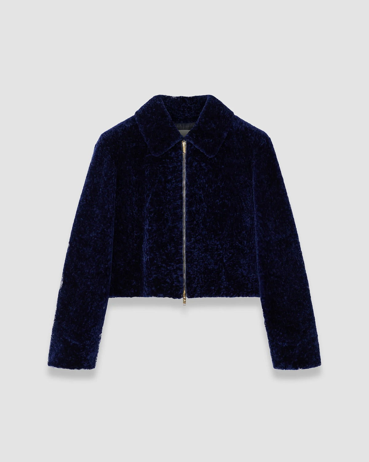 JOSEPH Liris short-haired shearling jacket in Prussian blue with collar and zip front, product shot