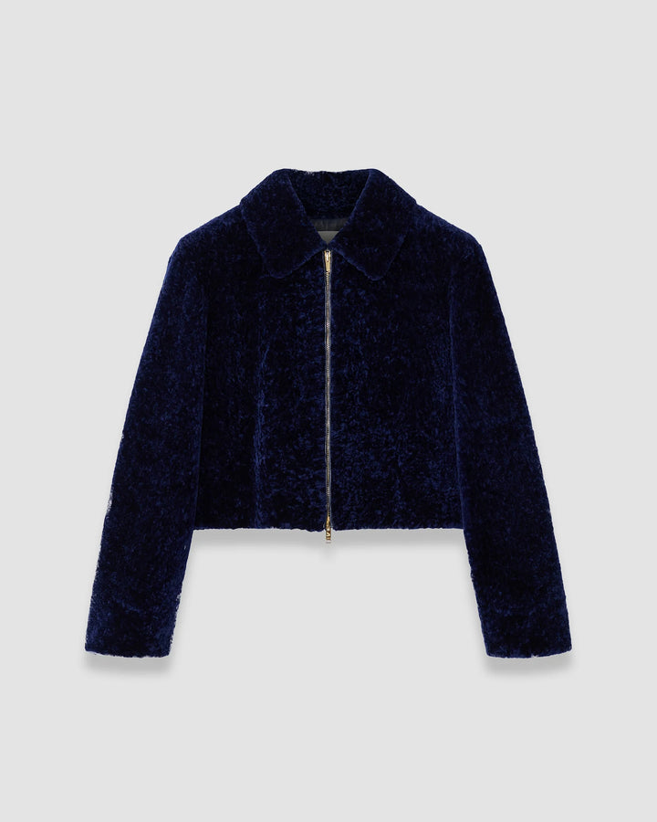 JOSEPH Liris short-haired shearling jacket in Prussian blue with collar and zip front, product shot
