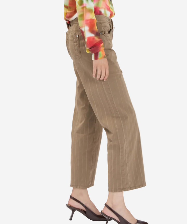 Person wearing brown striped pants on a white background