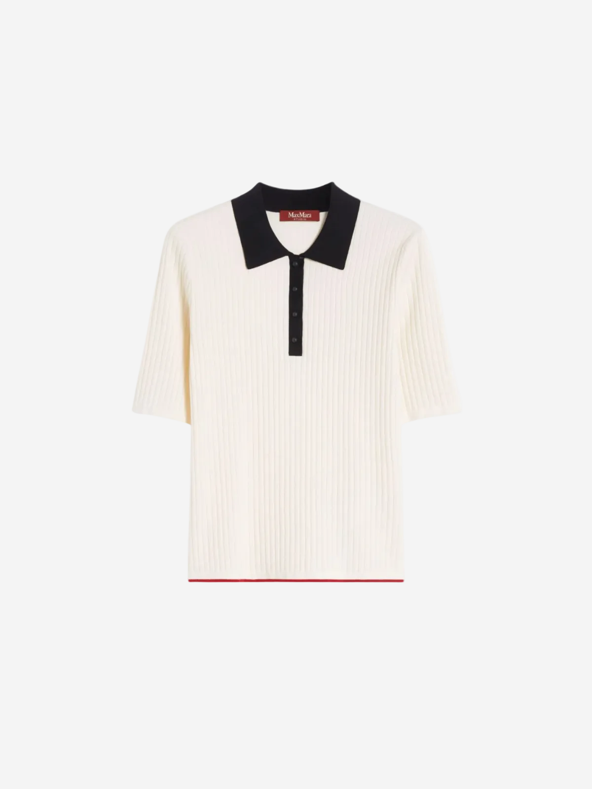 White ribbed sweater with black collar and red trim on a white background From Christensen Copenhagen