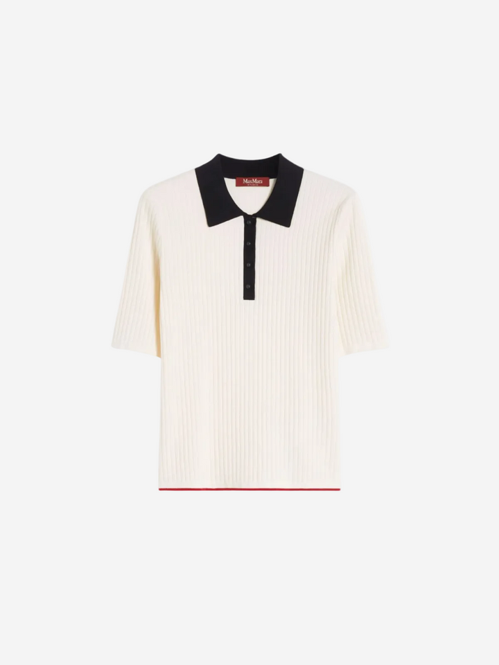 White ribbed sweater with black collar and red trim on a white background From Christensen Copenhagen