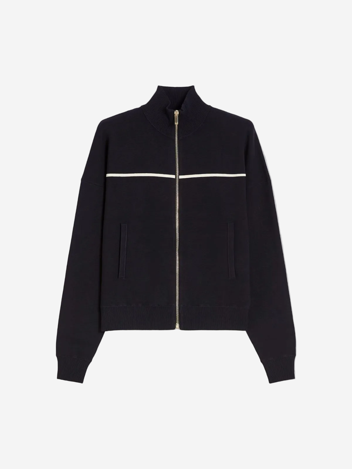 Black zip-up jacket with white stripe on a light gray background
