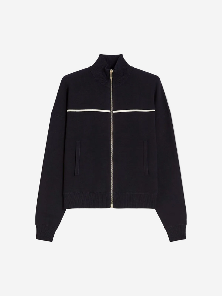 Black zip-up jacket with white stripe on a light gray background