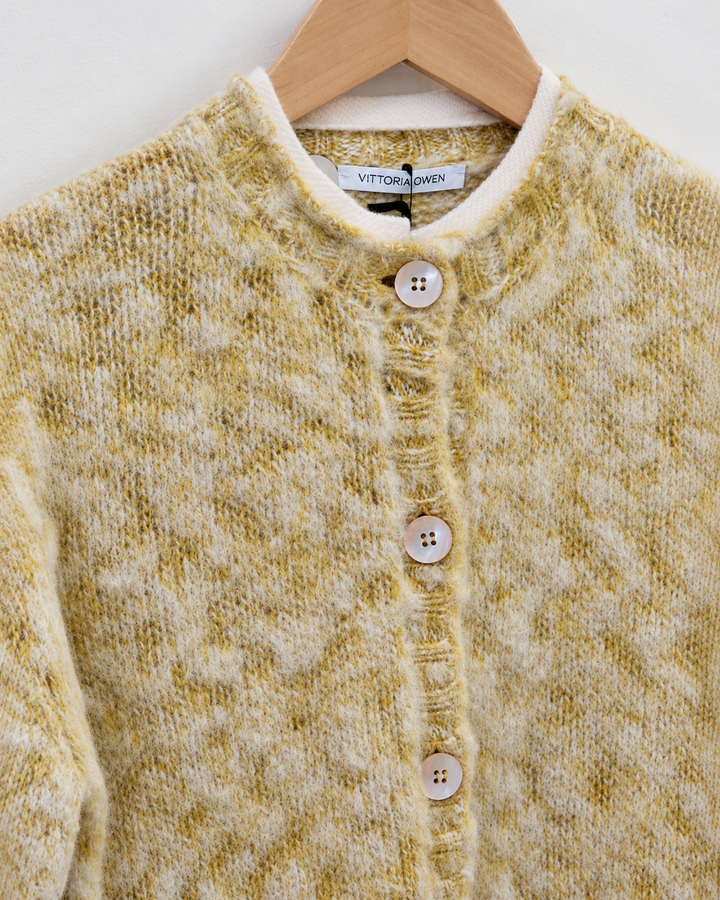 A close-up of a fuzzy knit cardigan sweater in a marled mustard yellow and cream colorway, hanging on a wooden hanger. The cardigan features a mock neck, a button-up front with light-colored wooden buttons, and a textured cable-knit pattern.