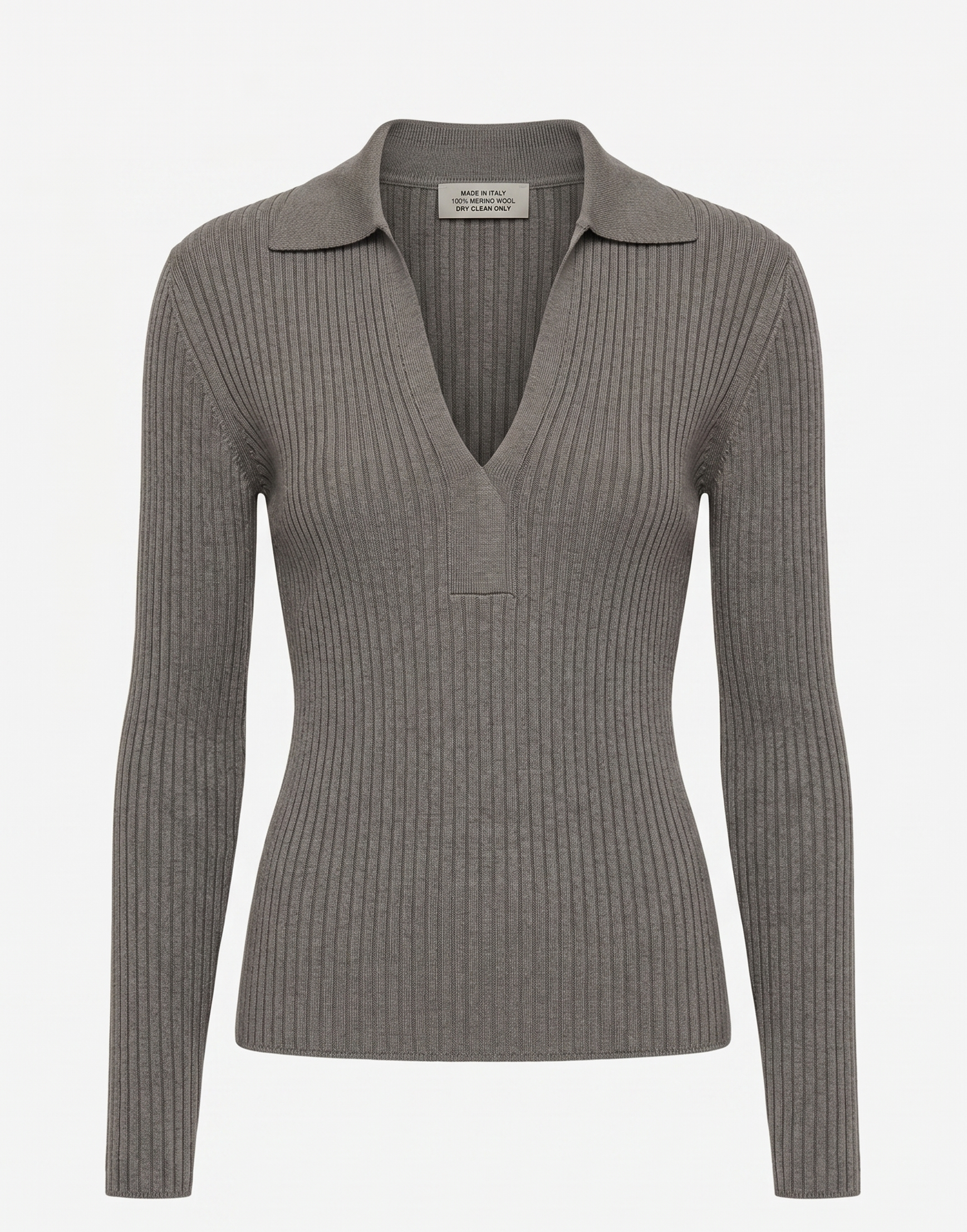 Merino Rib Knit Polo Top Mushroom