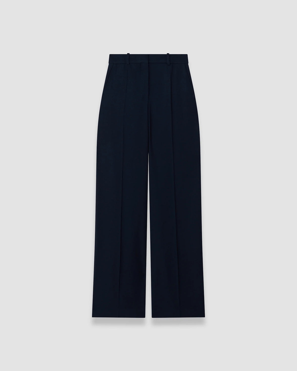 JOSEPH Mitae mid-rise wide-leg trousers in navy textured blend with pressed front seams, product shot