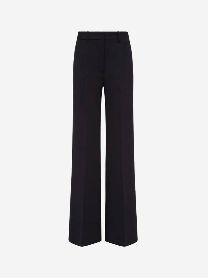 Mid-rise, black, wool stretch trousers with a gradual flare and central pressed creases.