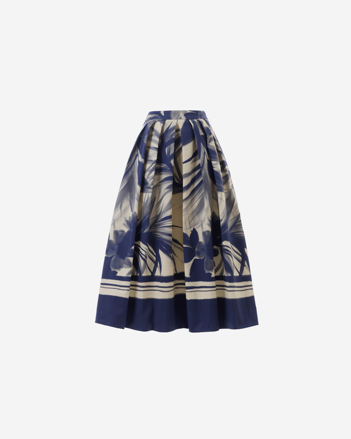 Skirt with blue and beige floral pattern on a white background