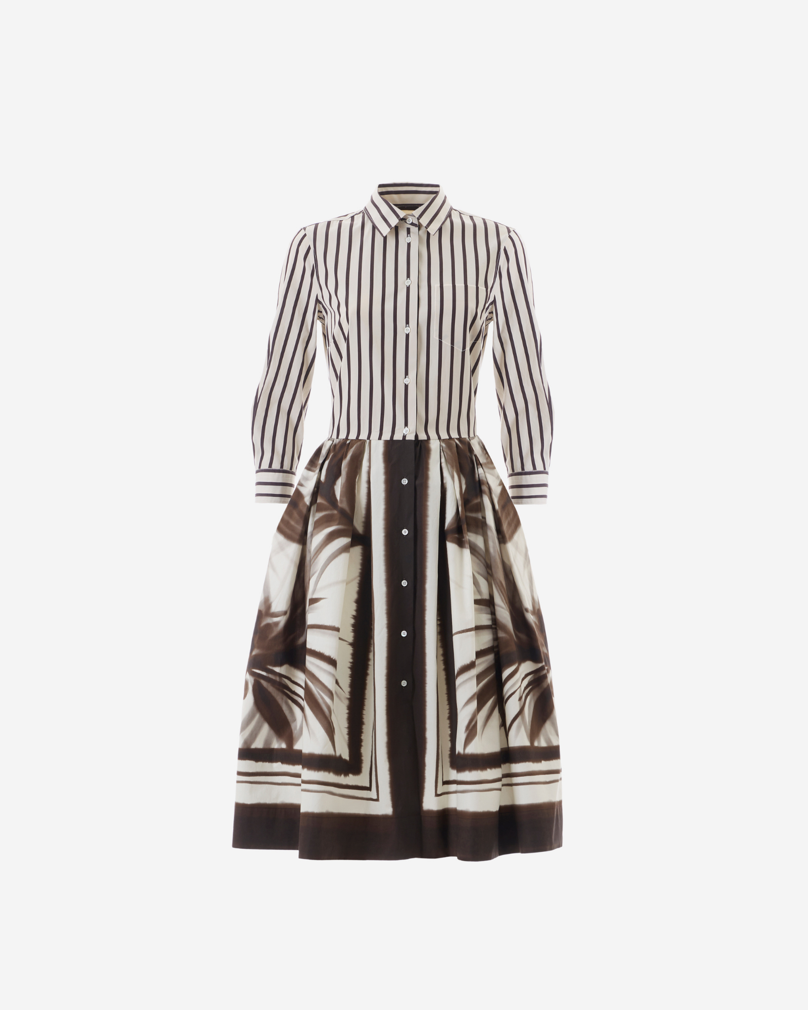 Black and white striped dress with a patterned skirt on a white background