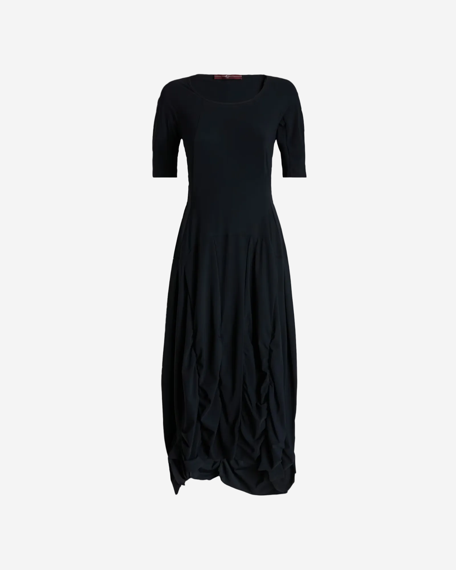Black dress with a draped design on a white background
