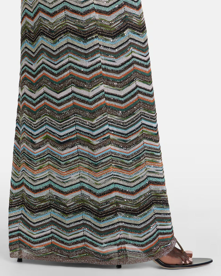 Close-up of the Missoni chevron knit hem with sequin detail and side split