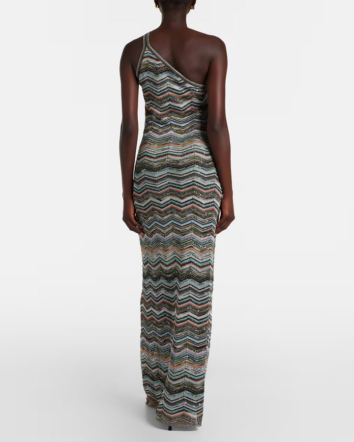 Back view of the Missoni one-shoulder chevron maxi dress showing the fitted column silhouette