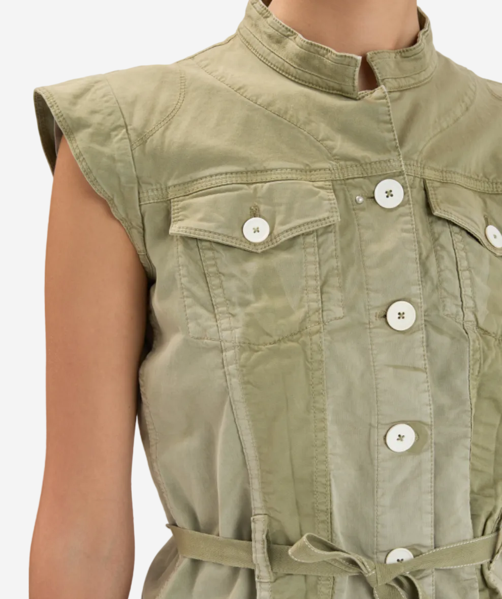 Green sleeveless jacket with button details on a plain background