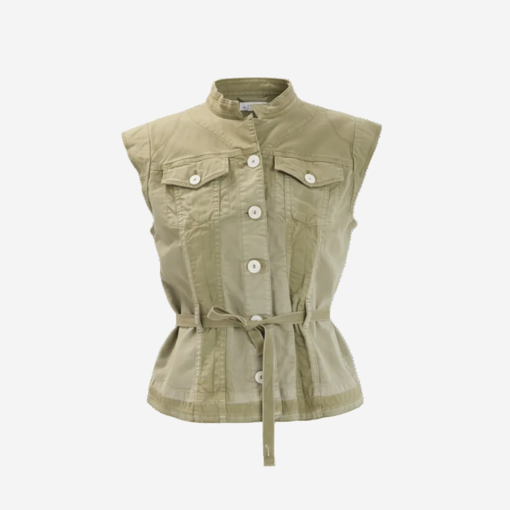 Green sleeveless vest with buttons on a white background