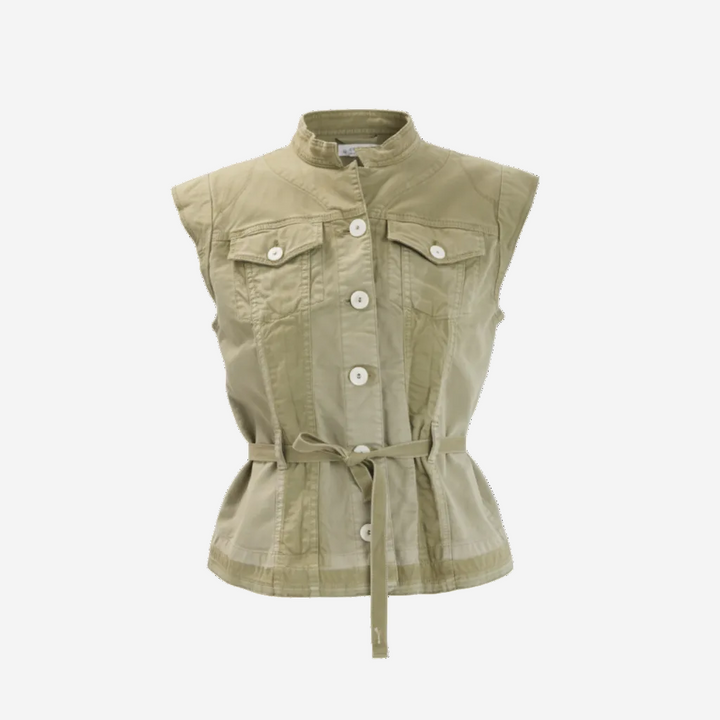 Green sleeveless vest with buttons on a white background