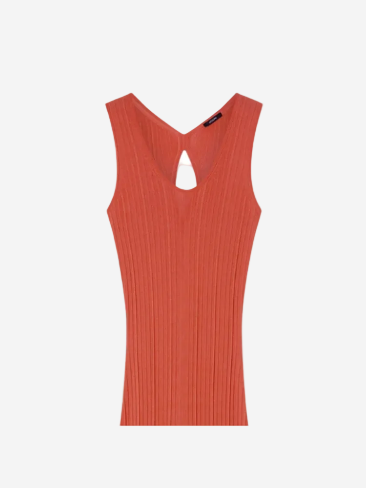 Orange sleeveless dress with cut-out back on a white background