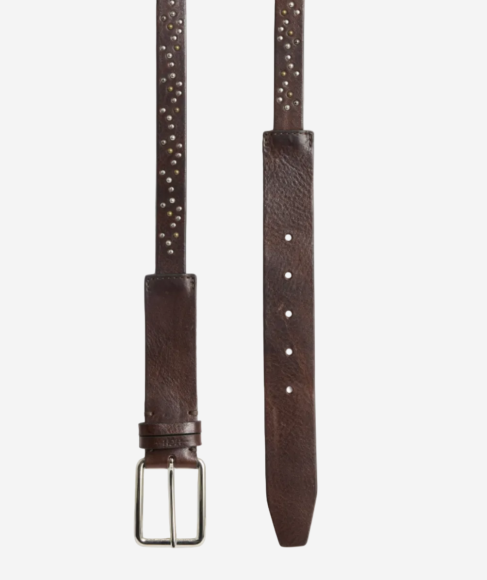 Brown leather belt with studded details on a white background