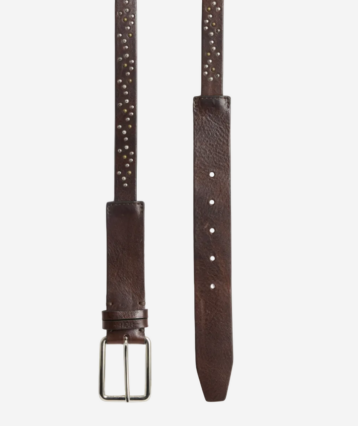 Brown leather belt with studded details on a white background
