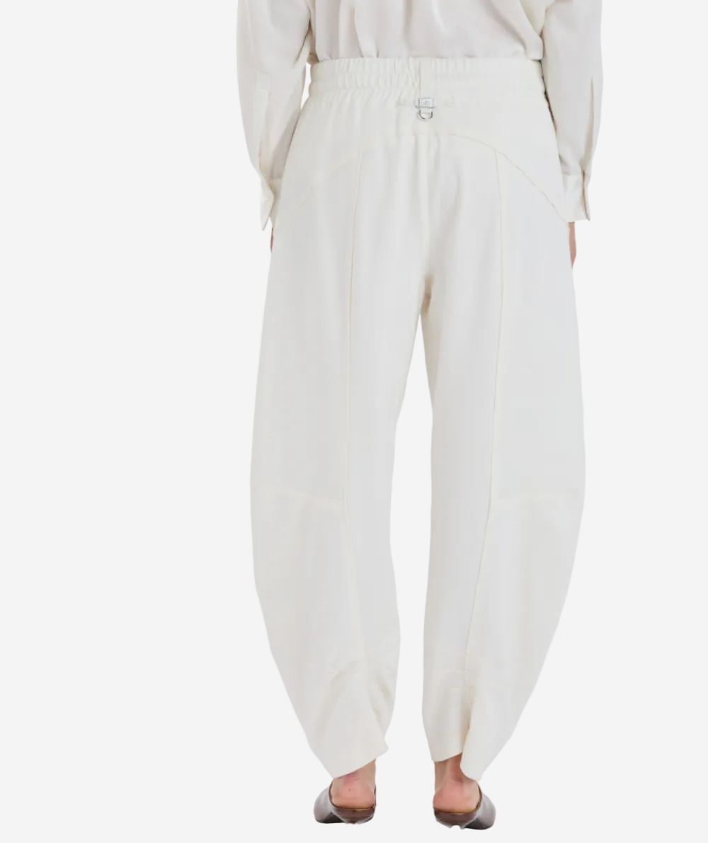White pants worn by a person on a white background