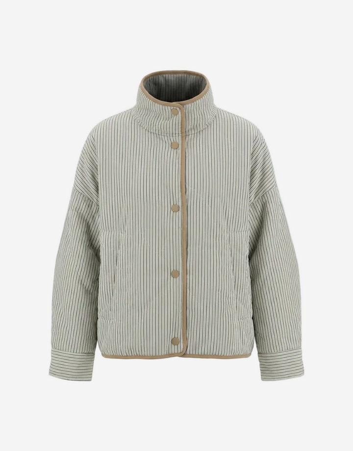 Striped quilted jacket with button details on a white background