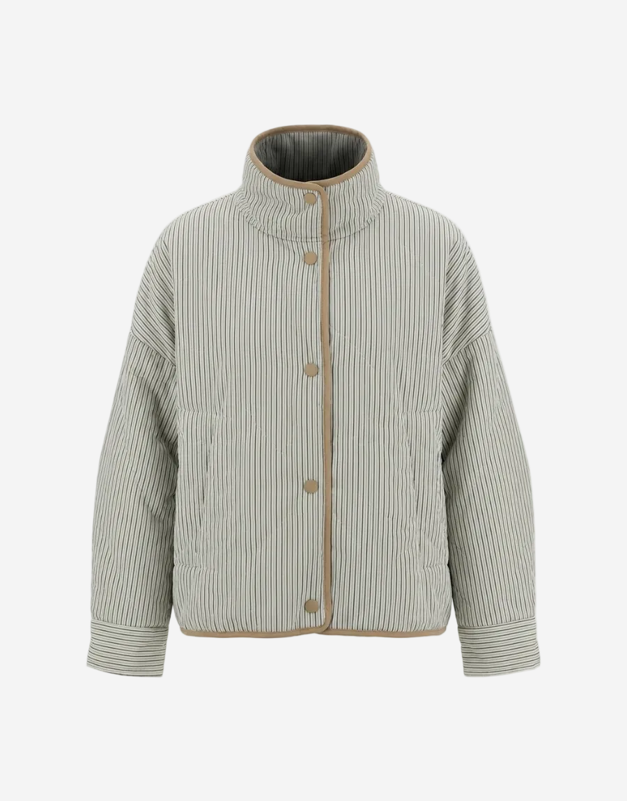 Striped quilted jacket with button details on a white background