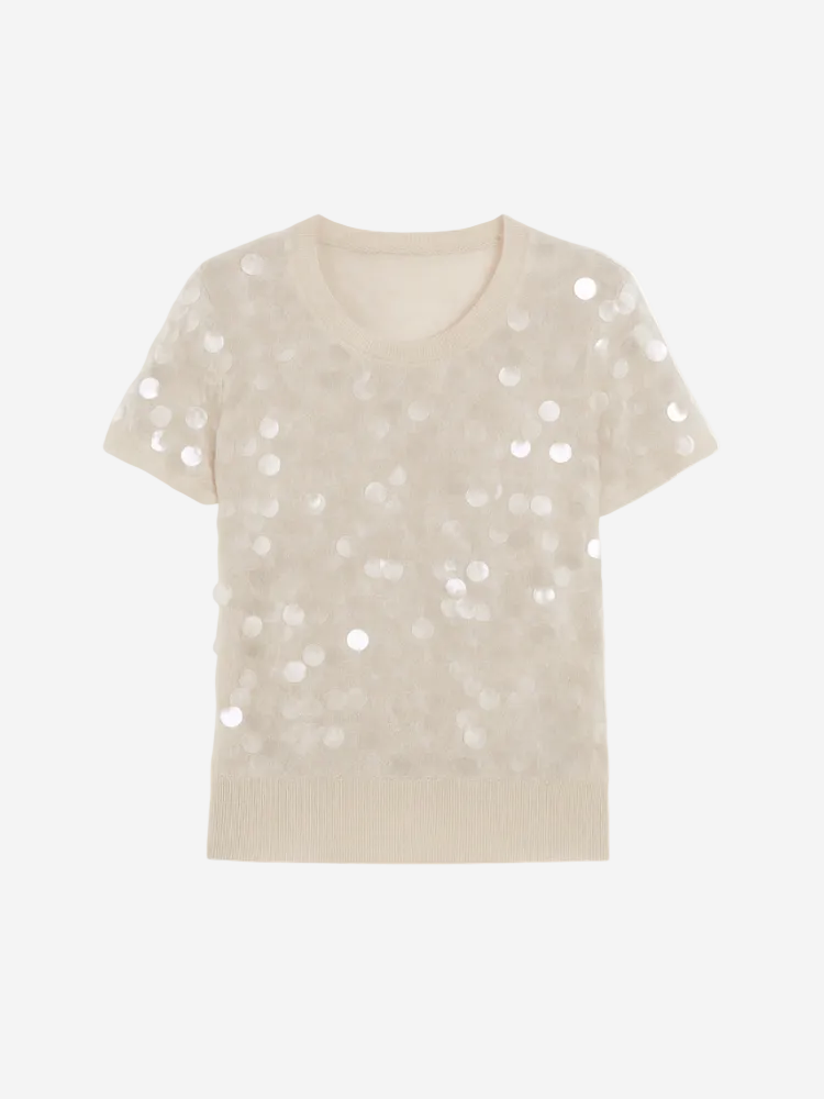 Beige t-shirt with sequin embellishments on a white background
