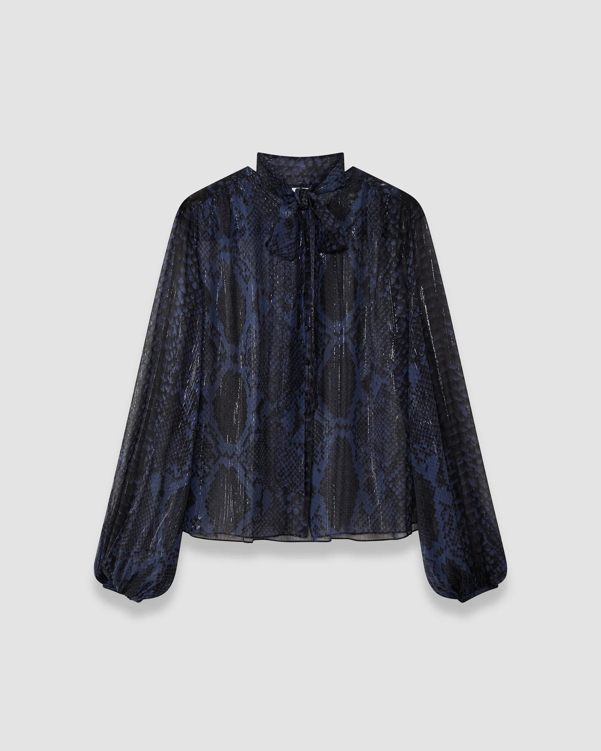 JOSEPH Sally oversized chiffon blouse in navy and black snake print with blouson sleeves, product shot