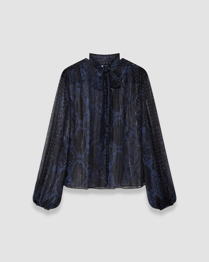 JOSEPH Sally oversized chiffon blouse in navy and black snake print with blouson sleeves, product shot