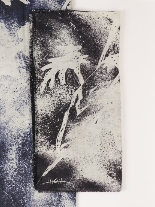 Black and white abstract art with 'HIGH' text on a textured background
