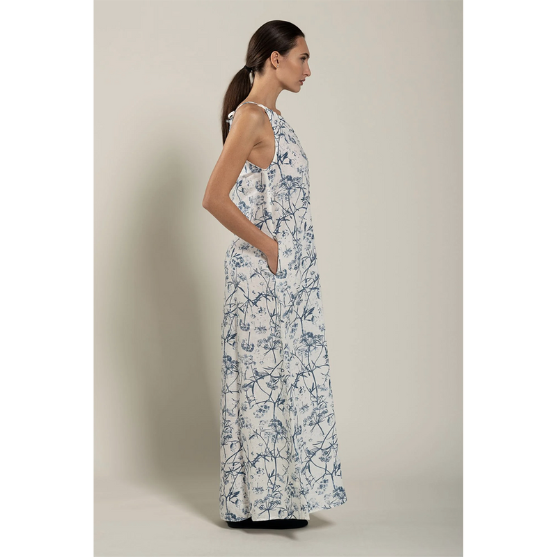 Halterneck Long Linen Dress in Washed Blue Toile Print