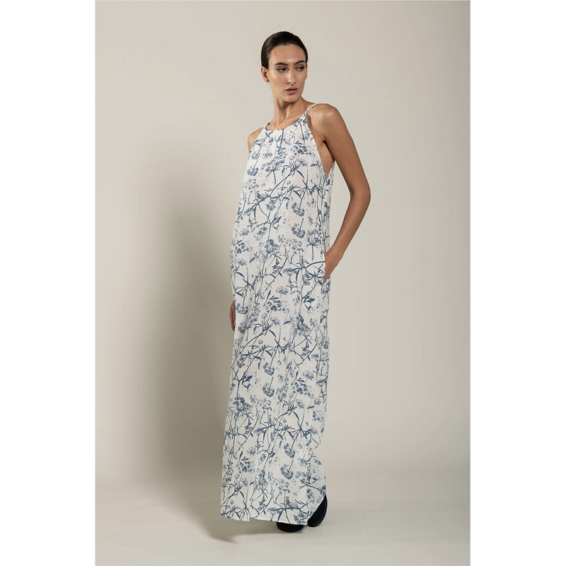 Halterneck Long Linen Dress in Washed Blue Toile Print