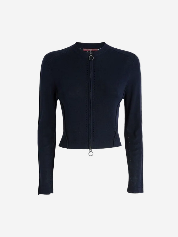 Black zip-up jacket on a white background