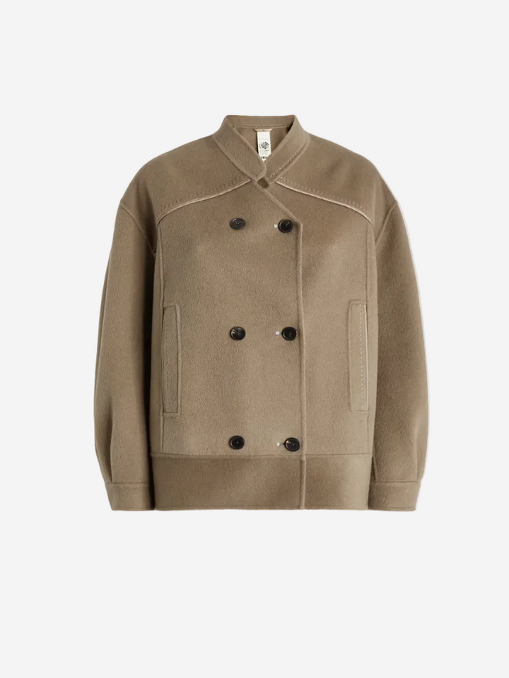 Brown jacket with black buttons on a white background