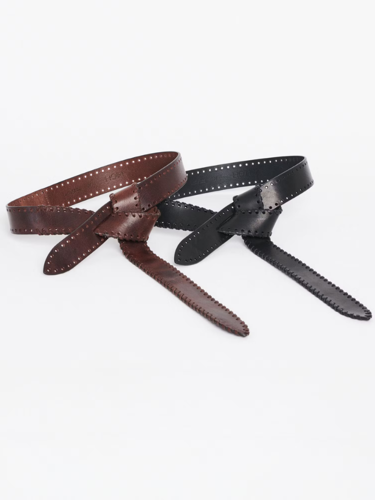 Two leather belts, one brown and one black, on a white background