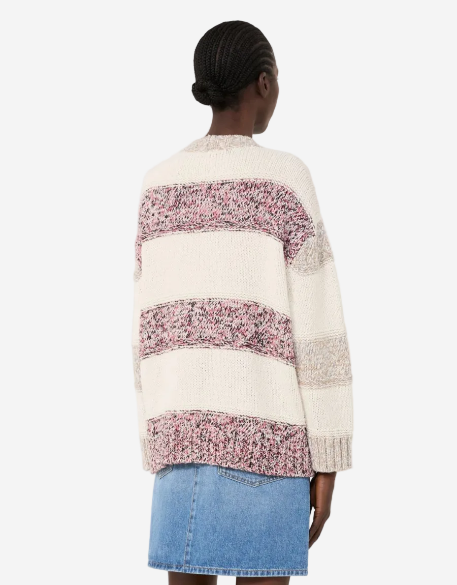 Person wearing a patterned sweater with a white background