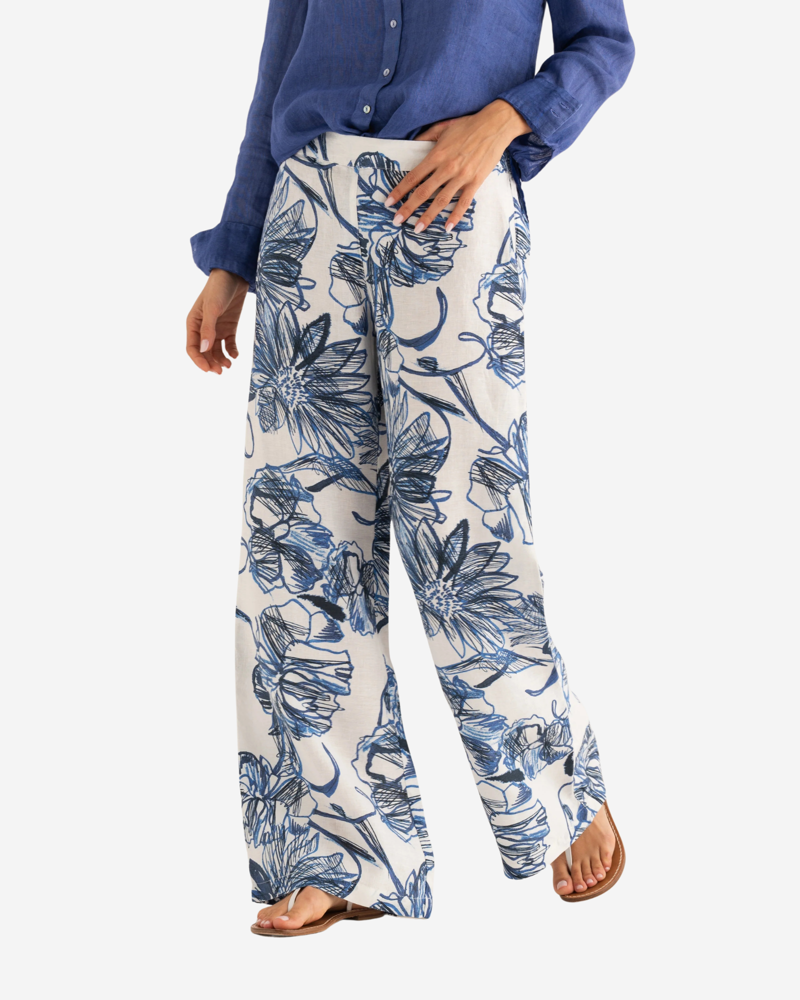 Linen Wide-Leg Trousers Washed Blue