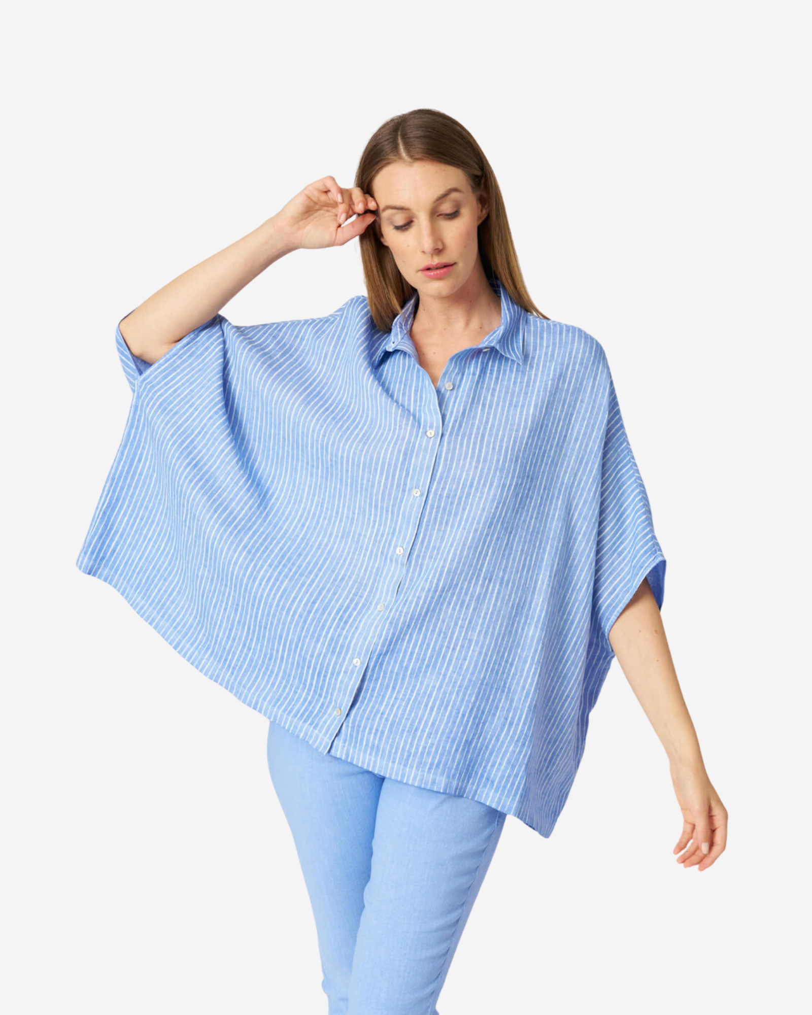 Linen Short Sleeve Women Shirt Denim