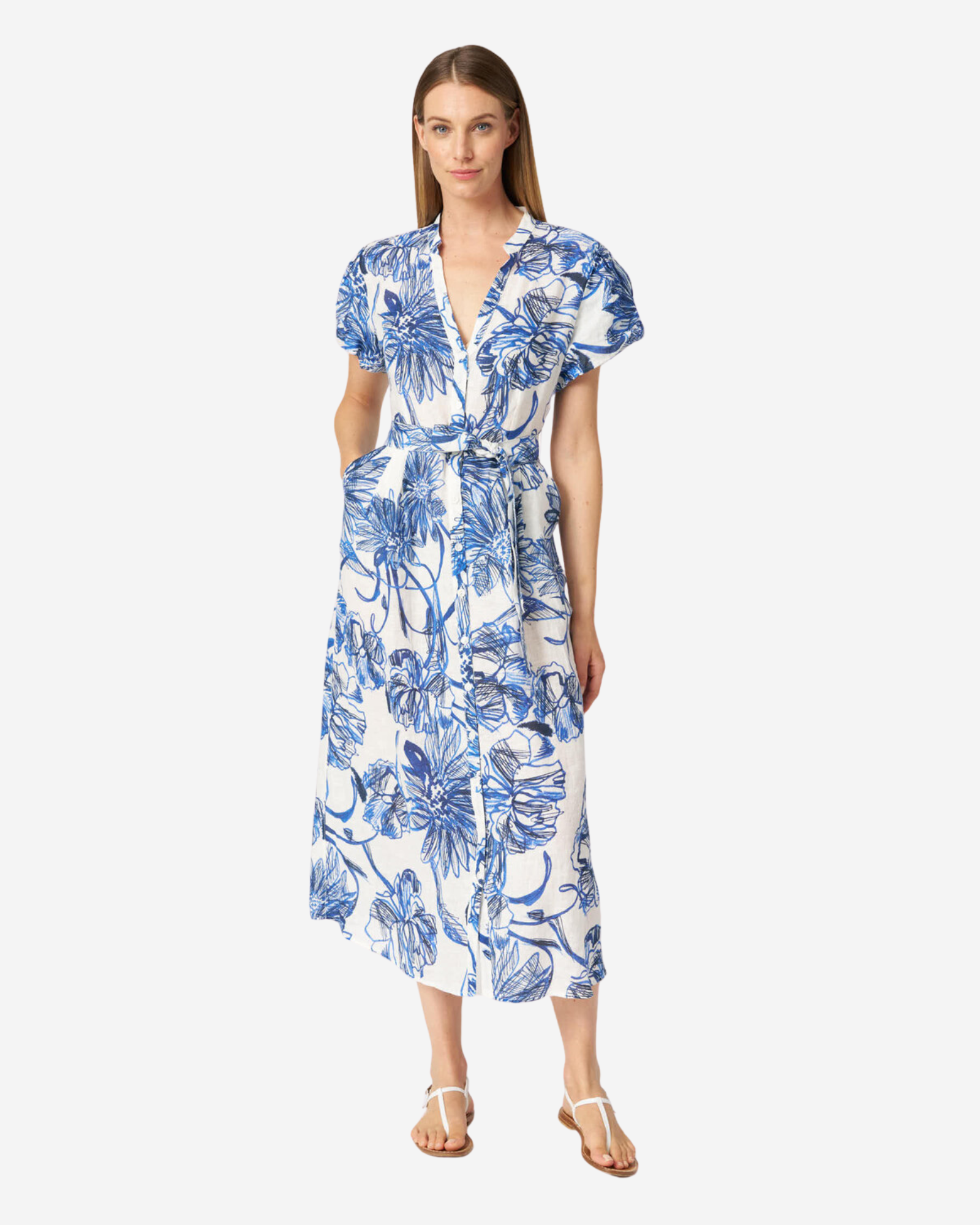 Printed Linen Midi Dress Washed Blue Floral