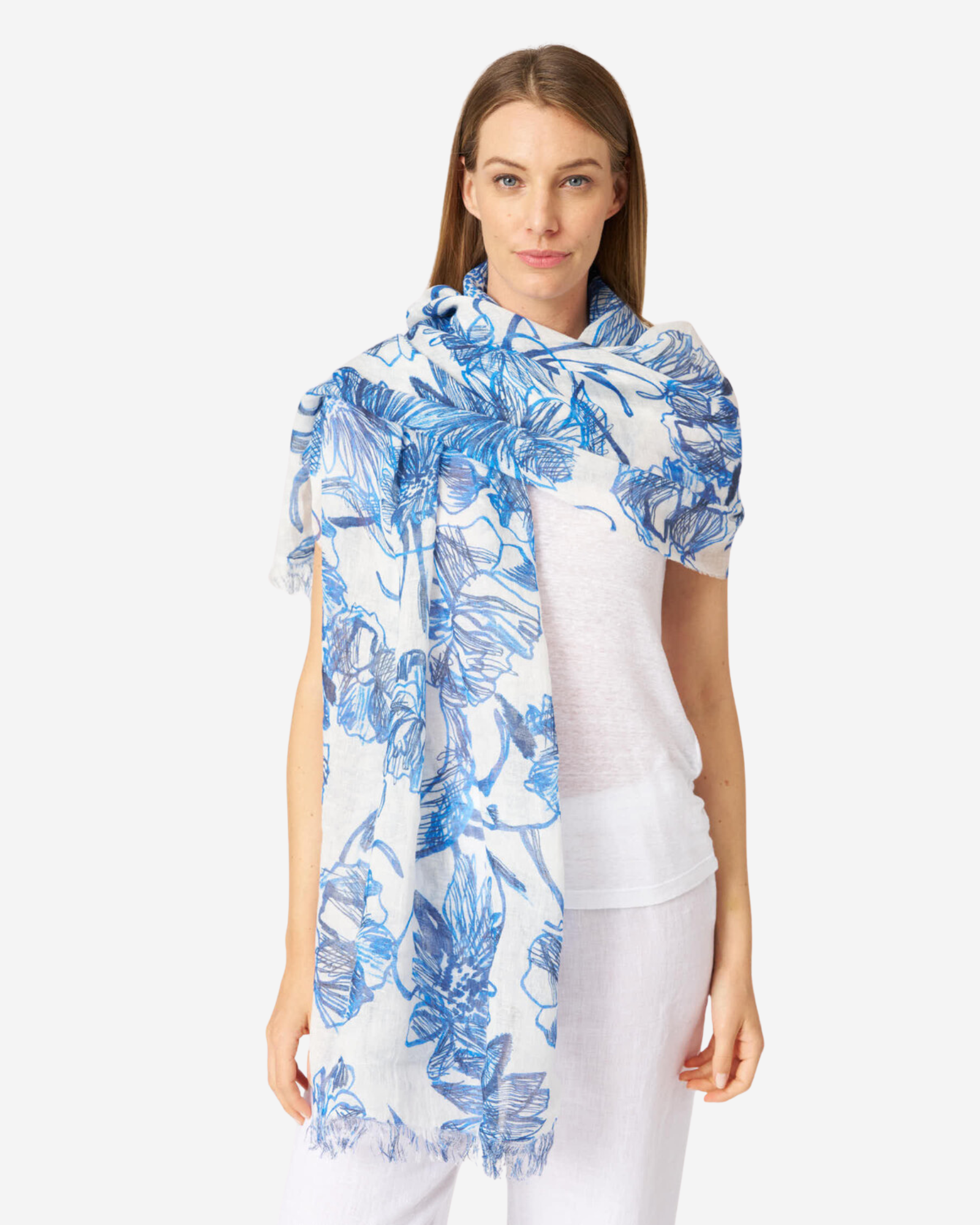 Printed Linen Scarf Blu Flower
