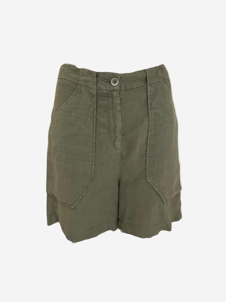 A pair of green Bermuda shorts with a tailored waistband, button closure, and patch pocket.