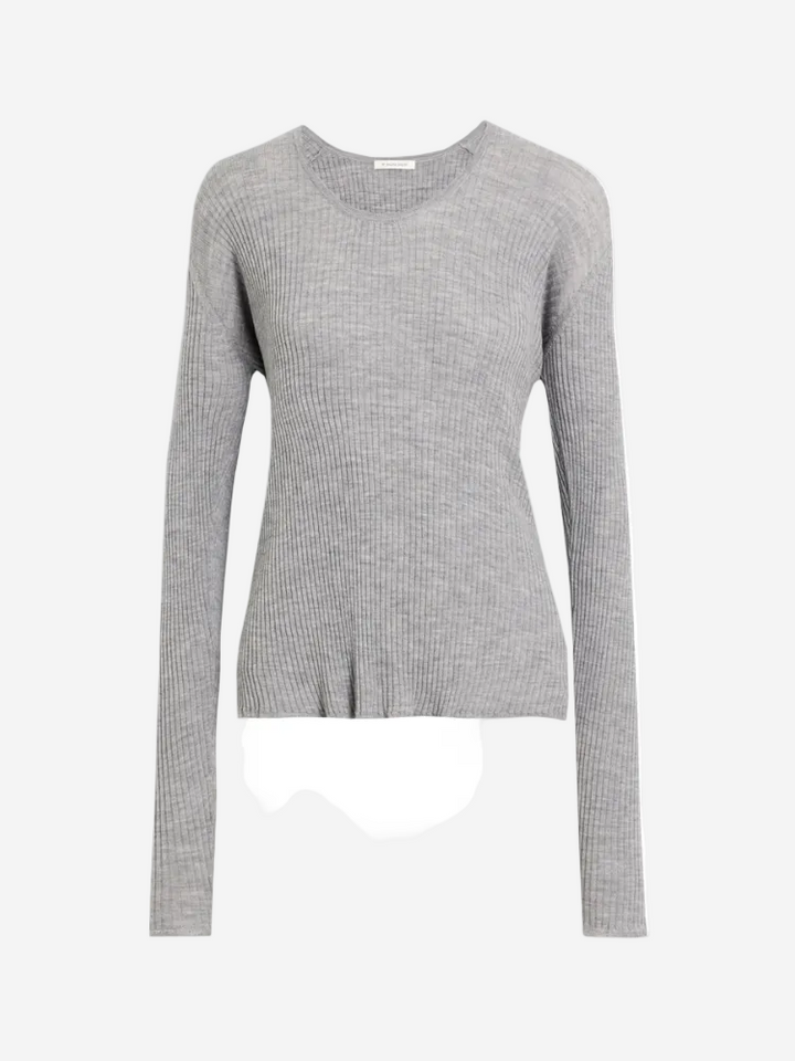 A long-sleeved gray sweater with a round neckline laid flat on a plain background.