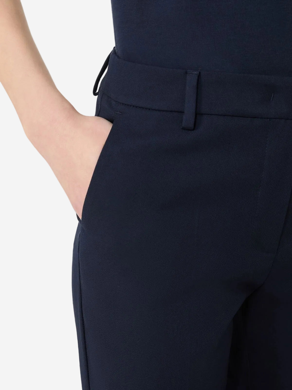 Navy blue pants with a belt on a white background