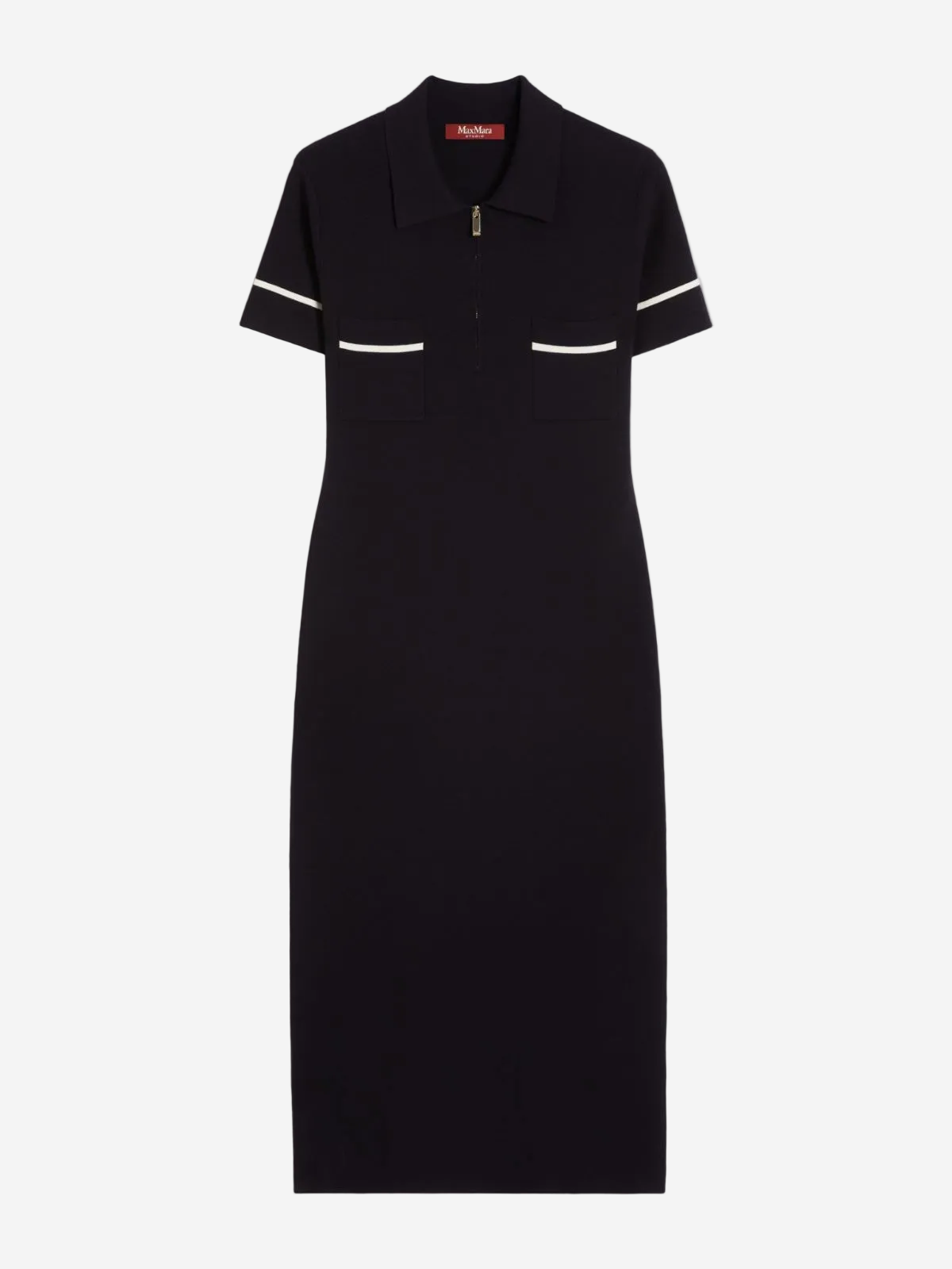 Black dress with white accents on a light gray background