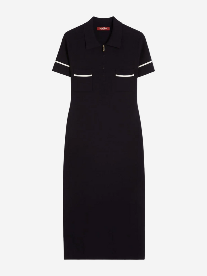 Black dress with white accents on a light gray background