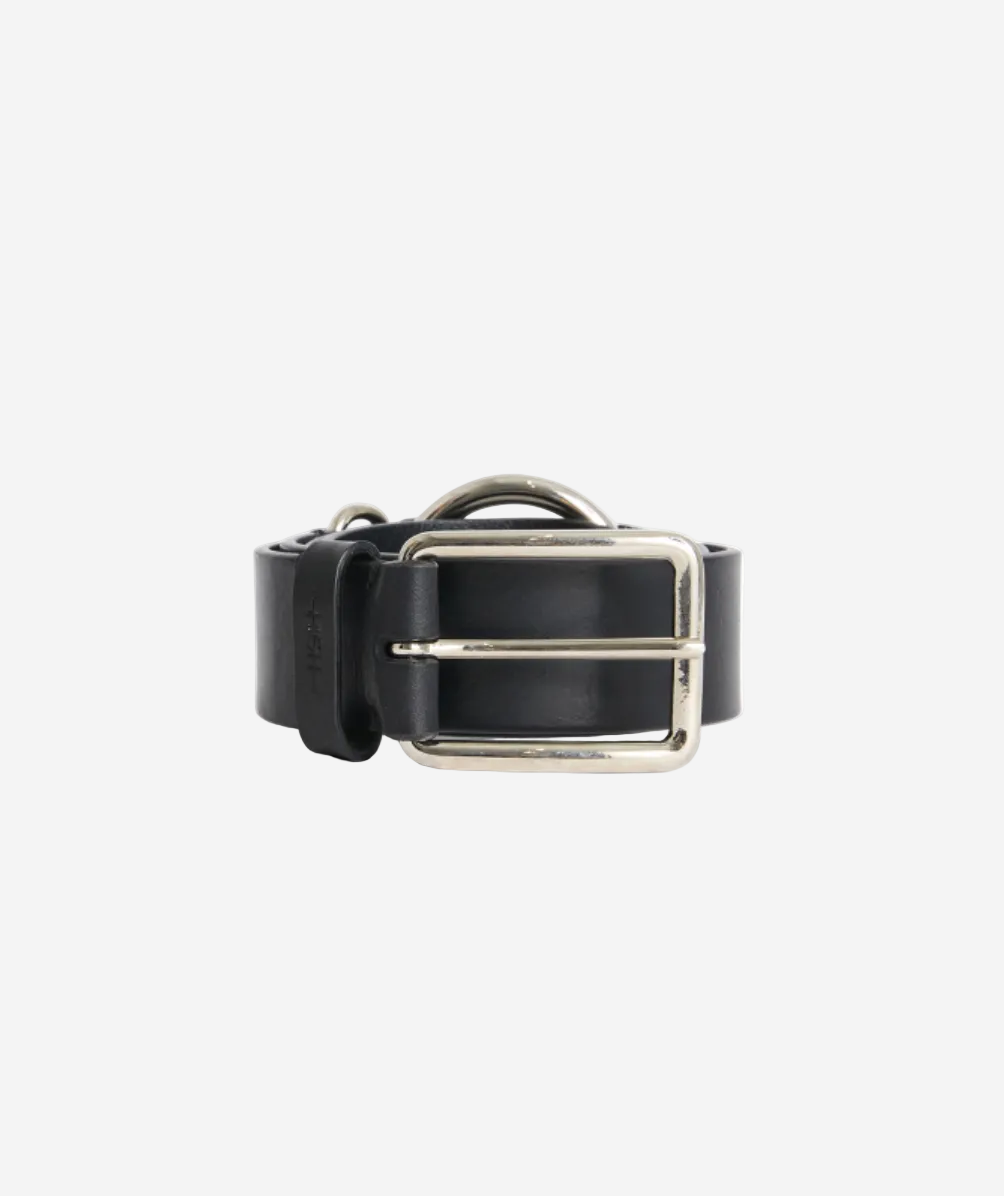 Black leather belt with a silver buckle on a white background