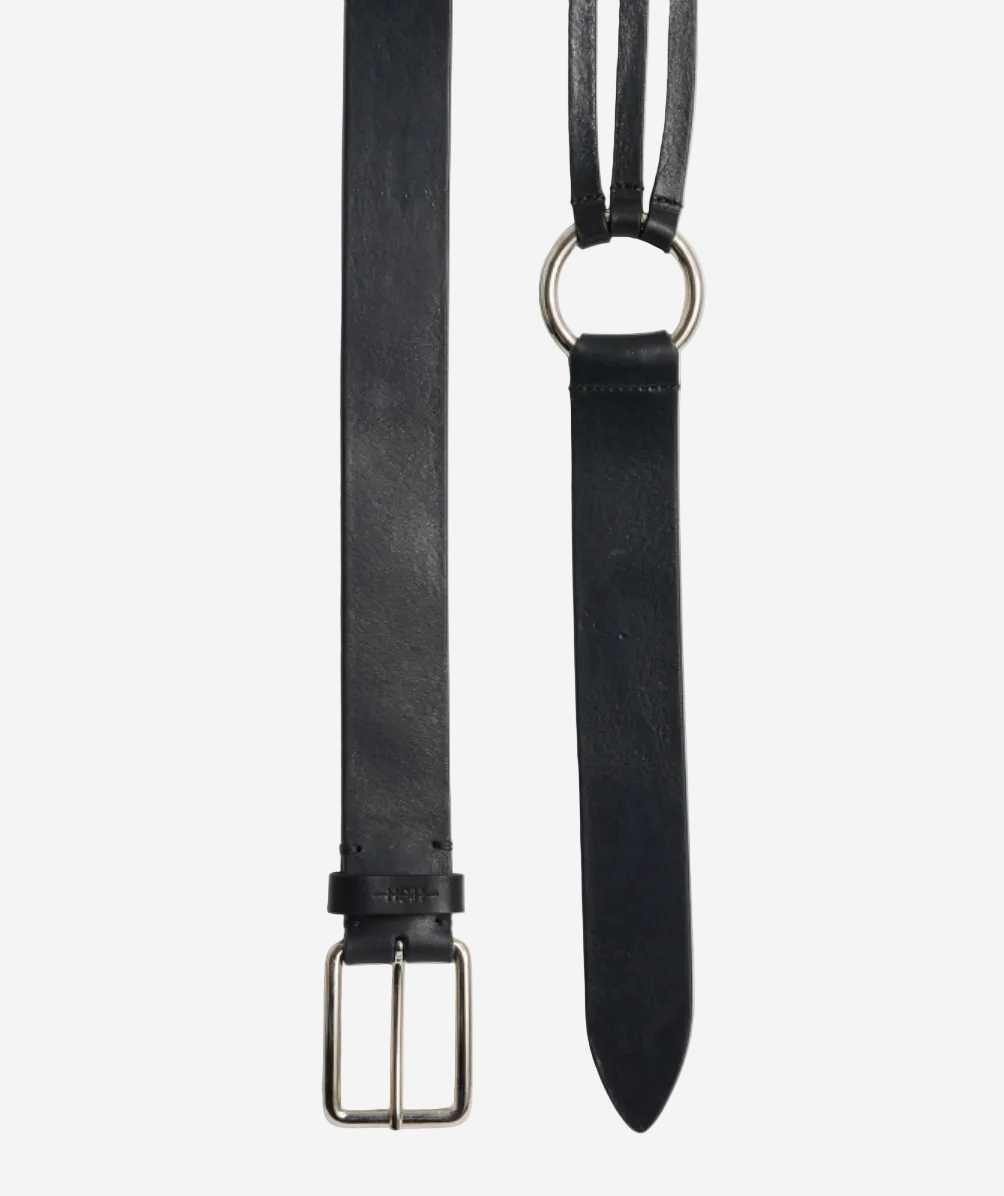 Black leather belt with silver buckle on a white background