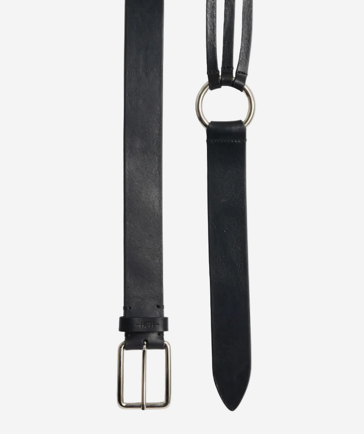 Black leather belt with silver buckle on a white background