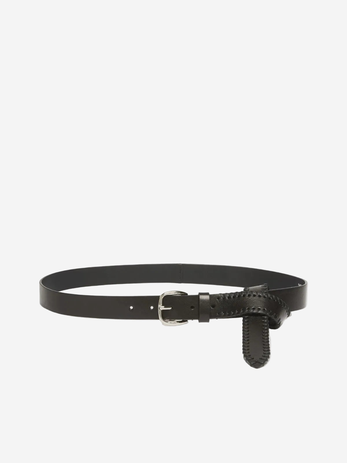Black leather belt with a silver buckle on a white background