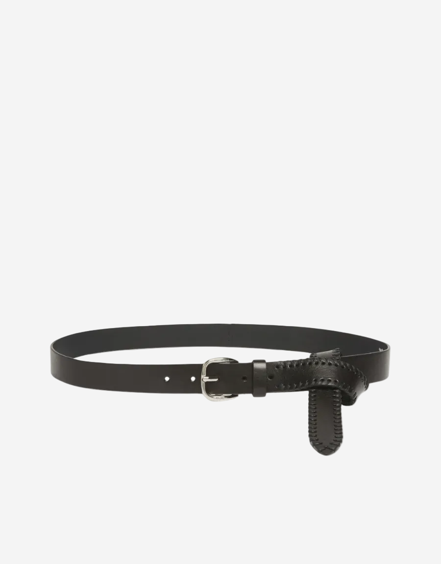 Black leather belt with a silver buckle on a white background
