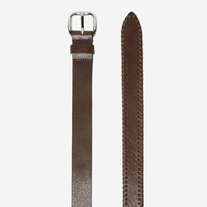 Brown leather belt with silver buckle on a white background